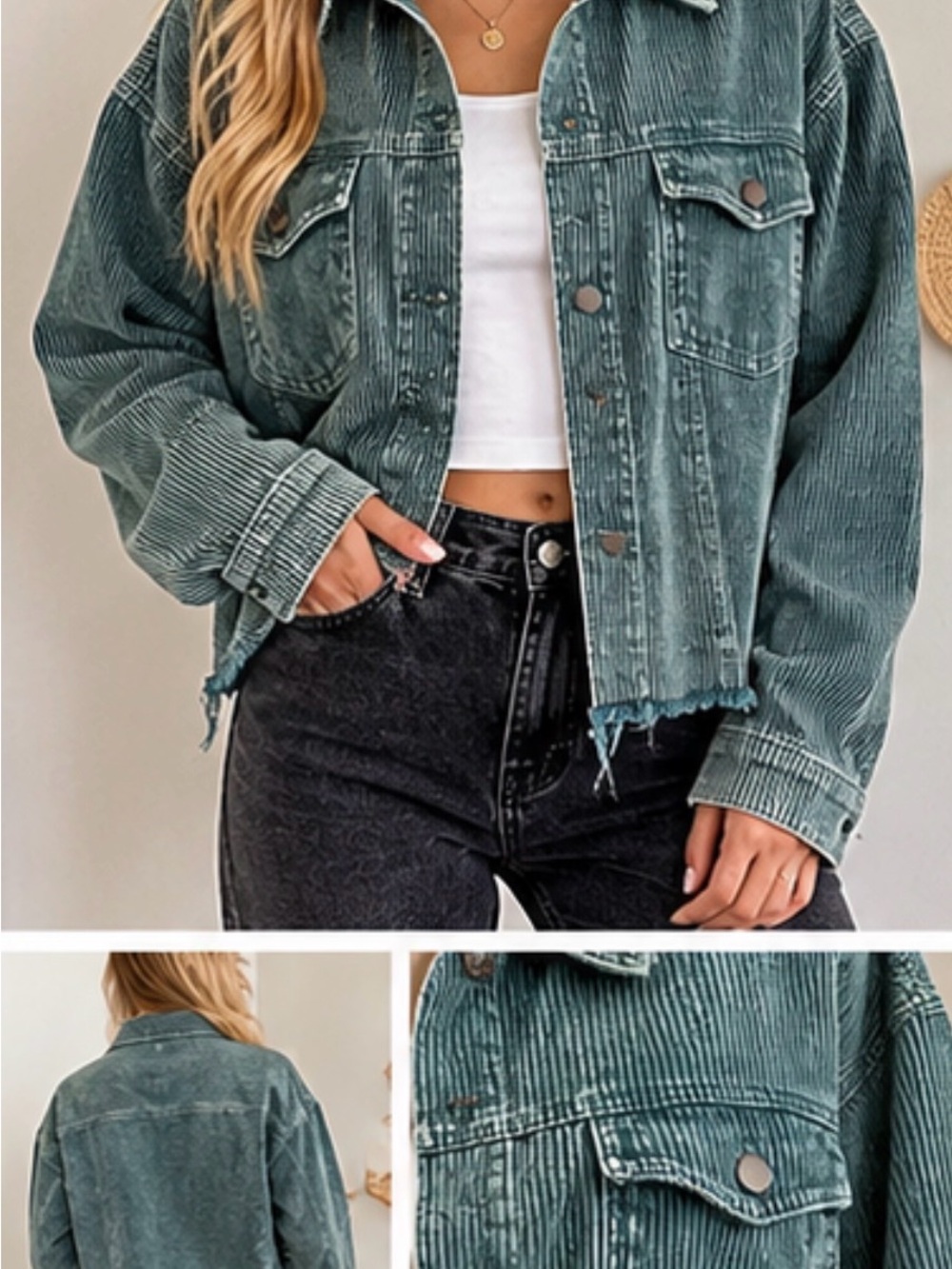 POL Green Corduroy Frayed Hem Jacket NWOT Size Large